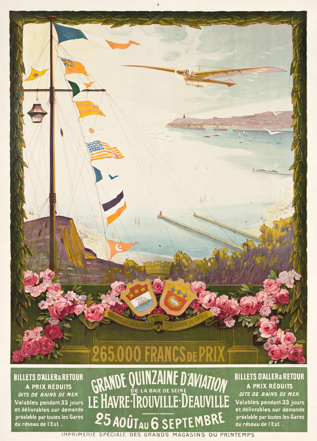 DESIGNER UNKNOWN.  GRANDE QUINZAINE DAVIATION / LE HAVRE - TROUVILLE - DEAUVILLE. 1910. 41x29½ inches, 104x75 cm. Daude Freres, Paris.
